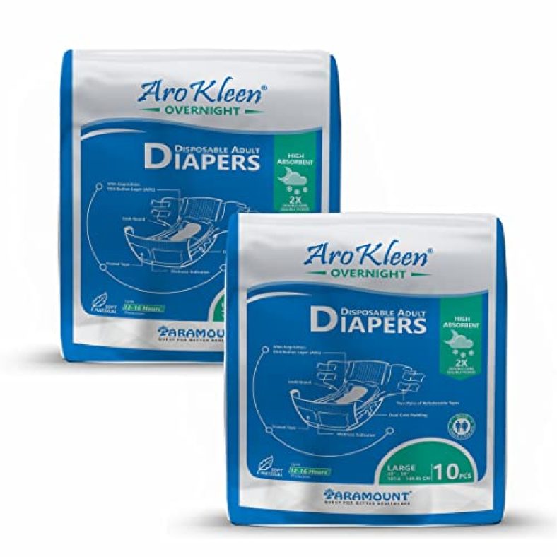 Aro Kleen 2X Dual Core Dual Power Overnight Adult Diapers Tape Style With Odour Lock & Anti-Bacterial High Absorbent ( Adl ) | Leak Guards | Dual Core Padding -Large ( L ) – Waist Size: 101 – 150 Cm ( 40″- 59″ )- Pack Of 2 ( 20 Count )