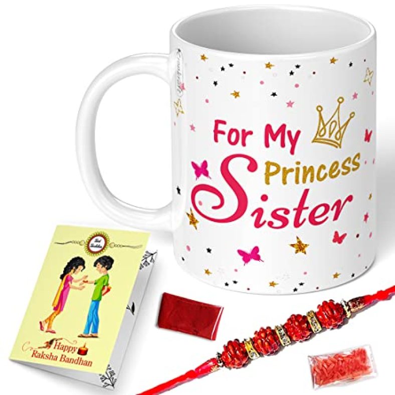 Cronkraft For My Princess Sister Golden Quotes Printed White Mug Combo Pack With Designer Rakhi, Roli, Chawal + Rakshabandhan Wishing Card Gift For Brother, Gift For Sister,Combo-4