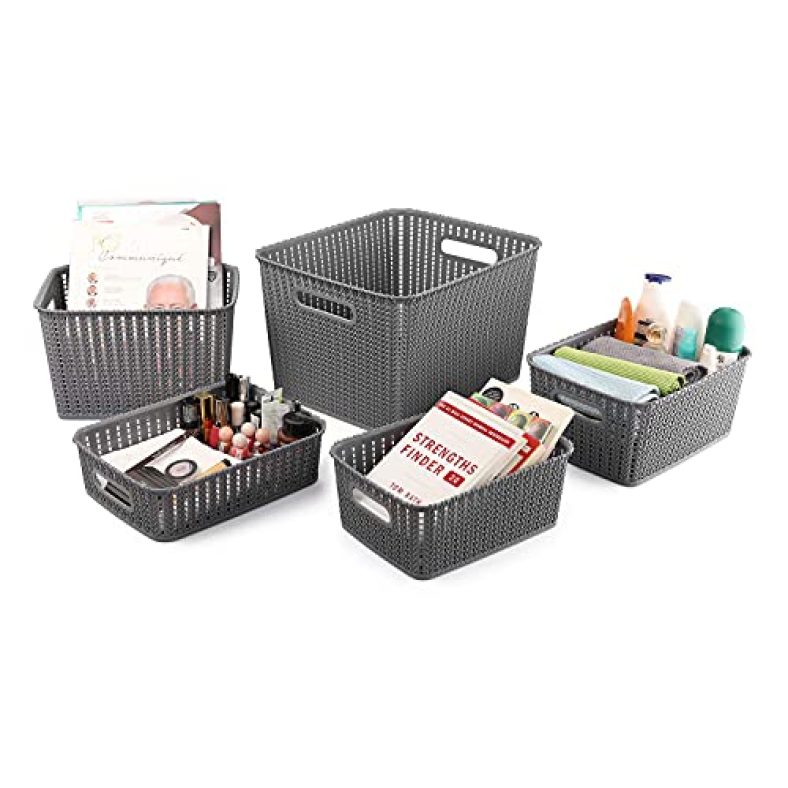 Cello Style Knit Basket Without Lid, Set Of 5, Grey,Plastic