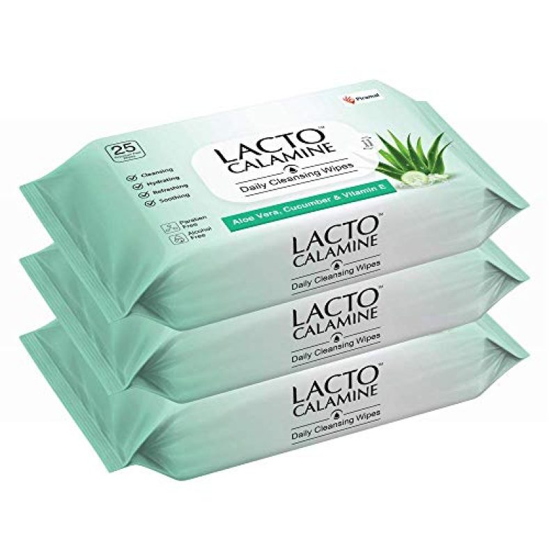 Lacto Calamine Daily Face Cleansing Wipes With Aloe Vera, Cucumber & Vitamin E, Hydrating, Refreshing, Soothing Paraben And Alcohol Free, White, Pack Of 3, 75 Count