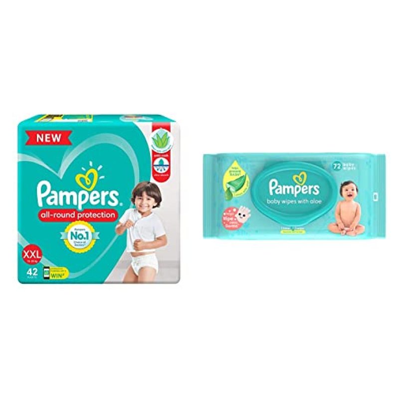 Pampers All Round Protection Pants, Double Extra Large Size Baby Diapers (Xxl) 42 Count, Lotion With Aloe Vera & Pampers Baby Aloe Wipes With Lid, 72 Wipes