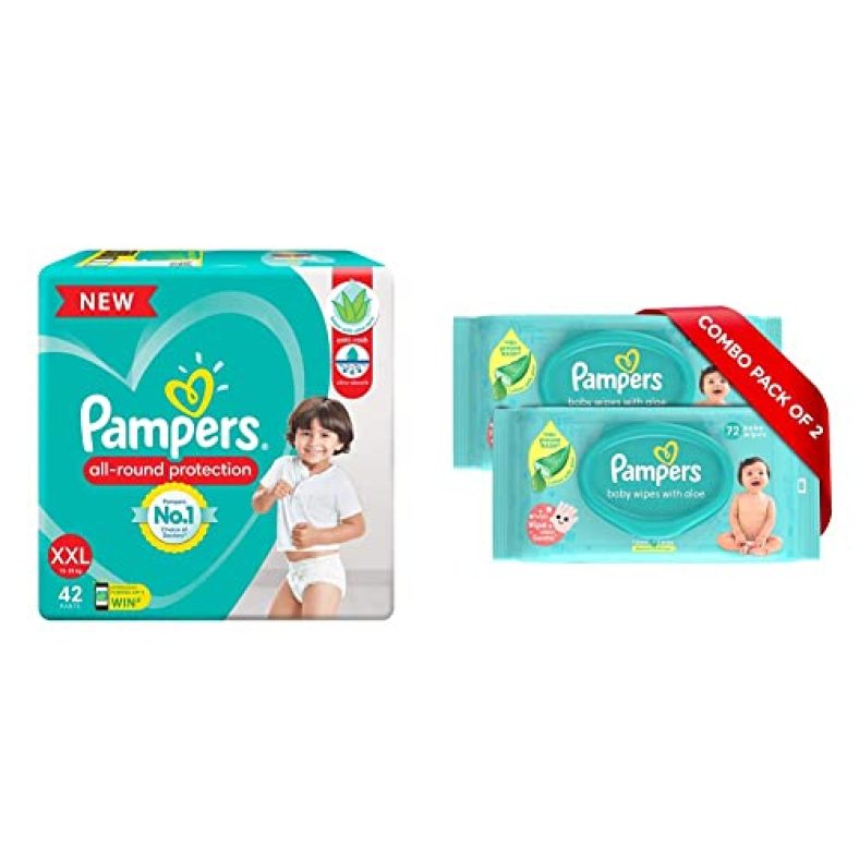 Pampers All Round Protection Pants, Double Extra Large Size Baby Diapers (Xxl) 42 Count, Lotion With Aloe Vera & Pampers Baby Gentle Wet Wipes With Aloe Vera 144 Wipes