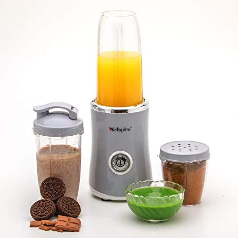 Wellspire Magic Blender, 22000 Rpm Mixer/Blender/Smoothie Maker, 2 Blade Set (Wet Blending Blade & Dry Grinding Blade), 3 Unbreakable Jars Set With Shaker Lid, 400W (English Green)) (English Gray)