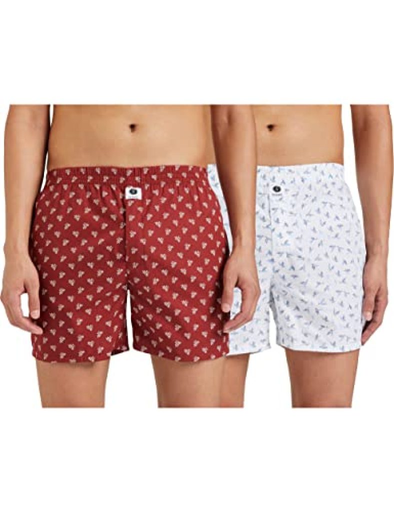 Amazon Brand – Symbol Men’S Printed Cotton Boxers (Combo Pack Of 2)(Symdurbxpo2-27_Maroon, White_L) (Color & Prints May Vary)