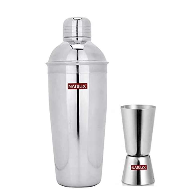 Natulix® Stainless Steel Bar Ware Delux Cocktail Shaker And Double Side Peg Measure(30-60 Ml) Combo Set (750 Ml With Peg Measure)