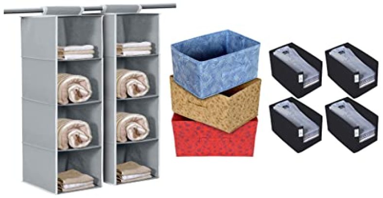 Kuber Industries Organizer Box (Blue & Red & Beige, 42 X 29 X 22 Cm), Set Of 3 & 4 Piece Organizer Set, Black & Kubmart15322 Foldable Hanging 4 Cloth Organizer (Grey)-Pack Of 2