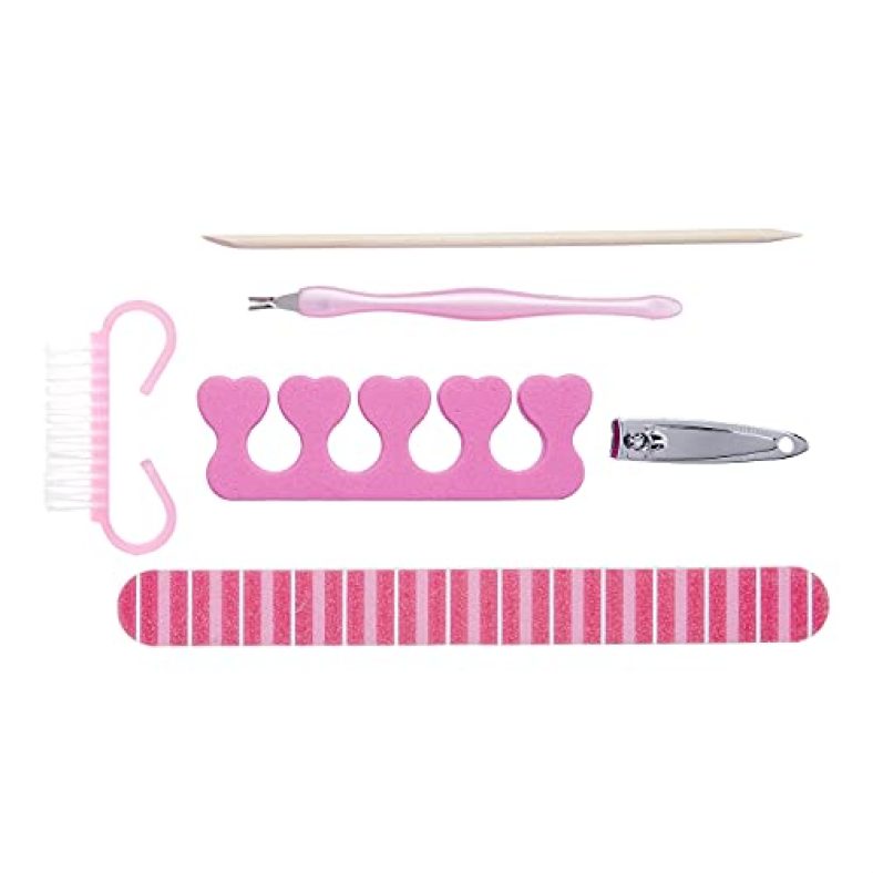 Amazon Brand – Solimo Manicure And Pedicure Kit With Nail File, Pegwood, Brush, Nail Clipper, Toe Separator And Dead Skin Claw Manicure, Pink, Pack Of 6