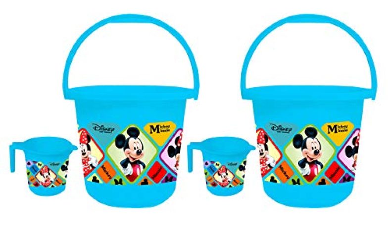 Kuber Industries Disney Mickey Minnie Print 4 Pieces Unbreakable Virgin Plastic Bathroom Bucket With Mug Set- Blue, (2 Pc 16 Ltr Bucket & 2 Pc 500 Ml Mug) -Hs_35_Kubmarts17931