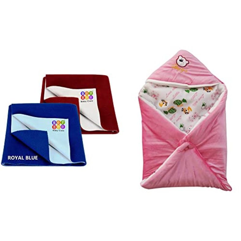 Bey Bee Water Resistant Bed Protector Baby Dry Sheet With Ultra Absorbance (Royalblue/Maroon)&My Newborn Baby Fleece Blanket Wrapper Multipurpose Sleeping Bag With Hood Cap, 27X27-Inches (Pink)