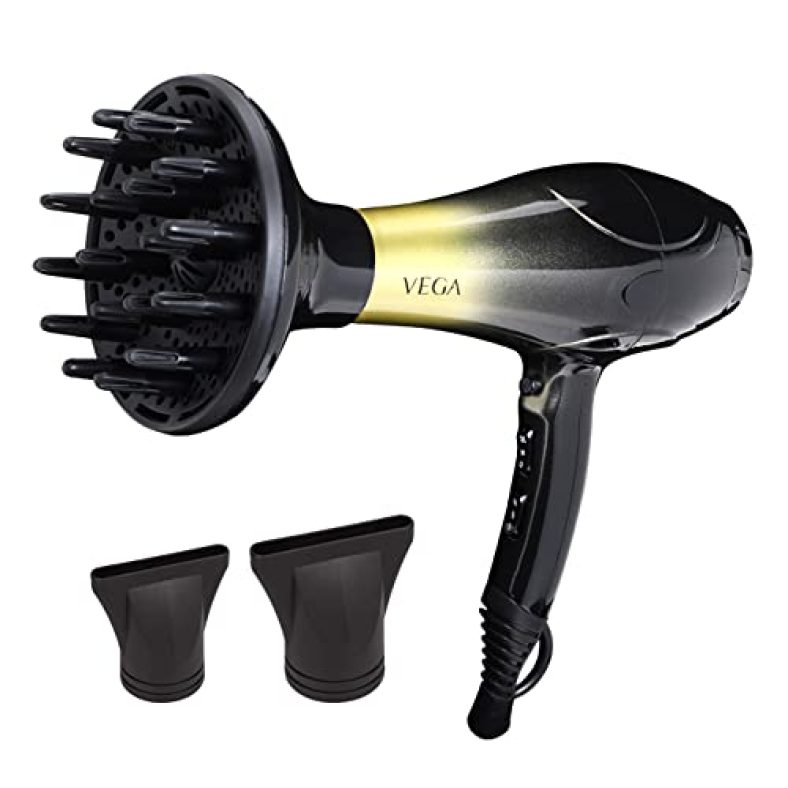 Vega Super Pro 2400 Watts Professional Hair Dryer With Diffuser, 2 Detachable Nozzle & Travel Pouch (Vhdp-04)-Black