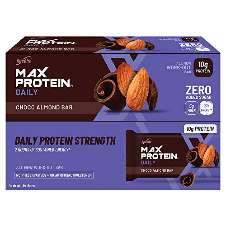 Ritebite Max Protein Daily Choco Almond 10G Protein Bar [Pack Of 24] Protein Blend, Fiber, Vitamins & Minerals , No Preservatives, 100% Veg, No Added Sugar, For Energy, Fitness & Immunity – 1200G