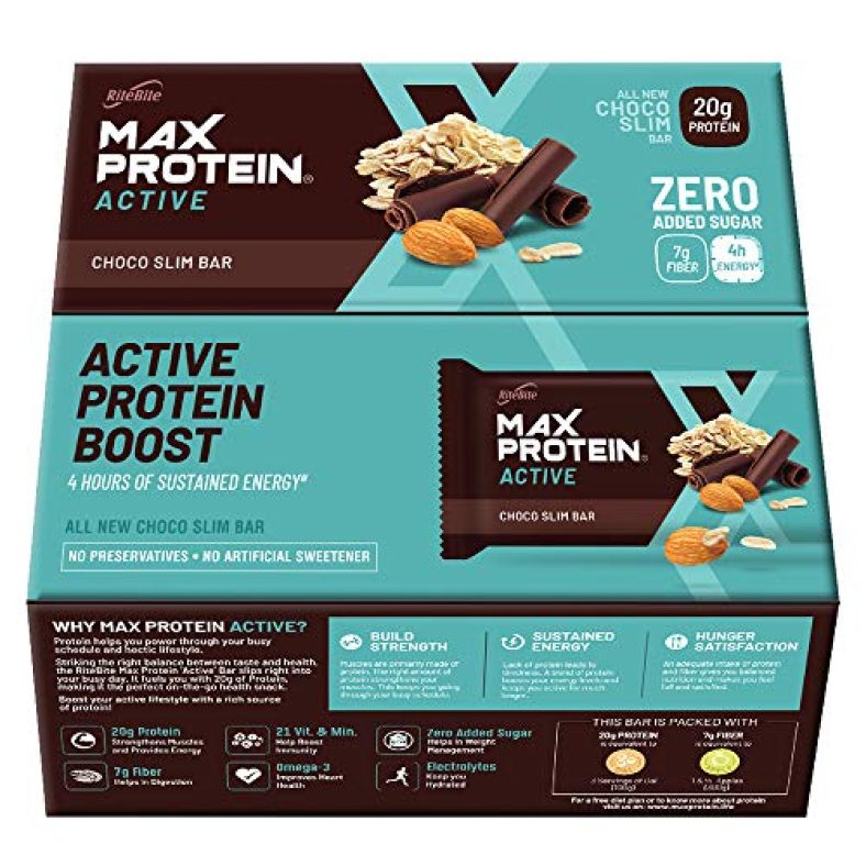 Ritebite Max Protein Active Choco Slim 20G Protein Bar [Pack Of 12] Protein Blend, Fiber, Vitamins & Minerals , No Preservatives, 100% Veg, No Added Sugar, For Energy, Fitness & Immunity – 804G