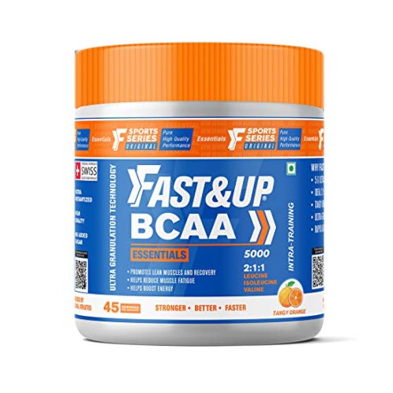 Fast&Up Bcaa Basic (45 Servings, Orange Flavour) Bcaa Supplement With 2:1:1 Ideal Ratio Leucine, Isoleucine & Valine – Pre/Post & Intra Workout Supplement For Recovery & Performance Boost, White