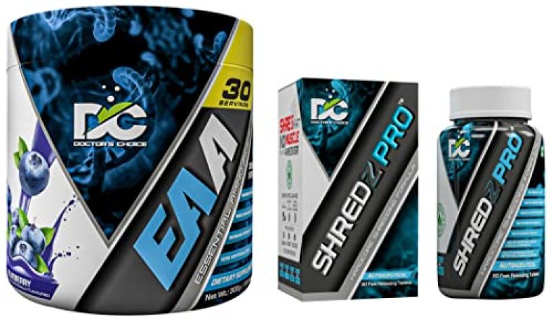 Doctor’S Choice Shredz Pro Formula With 500Mg Acetyl-L-Carnitine, Cla, Green Coffee Bean Extract, Garcinia Cambogia, 60 Count Tablet & Eaa Bcaa For Intra-300Grams (Blueberry- 30 Servings),Blue, Powder