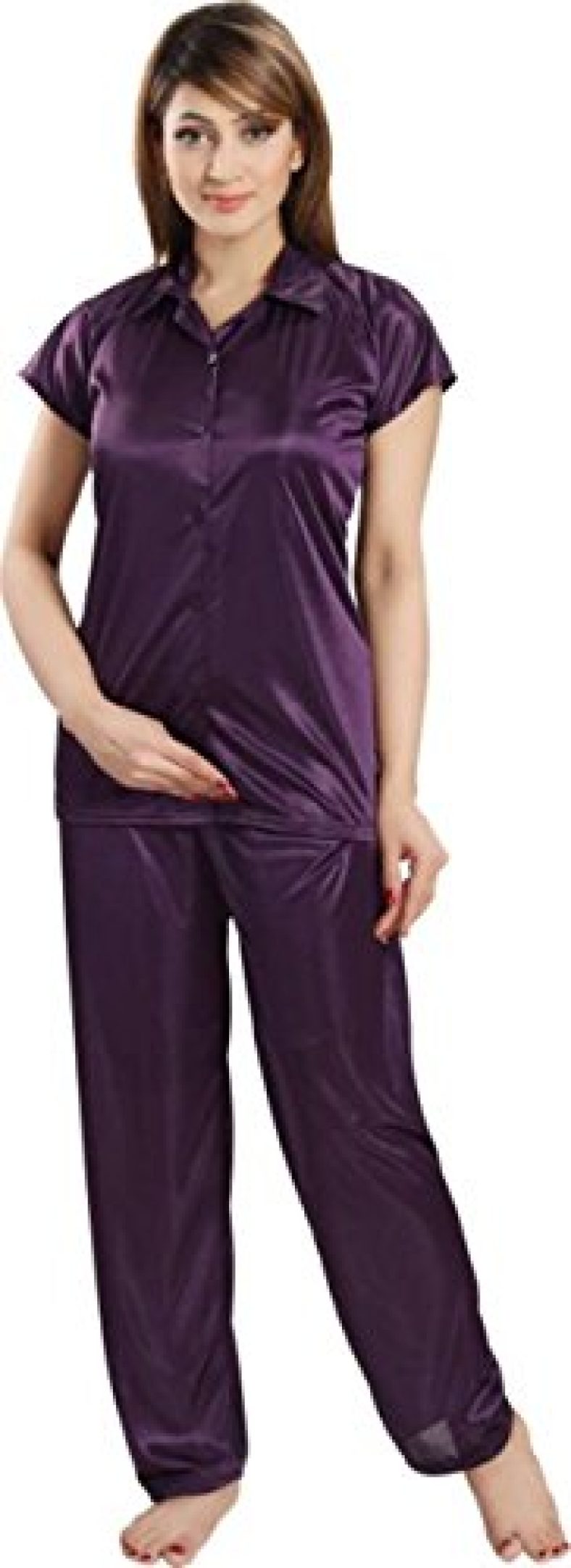 Fabme Women’S Plain Satin Night Suit (Shirt And Pyjama) (Purple) (Size – Large|| Bust 38″)