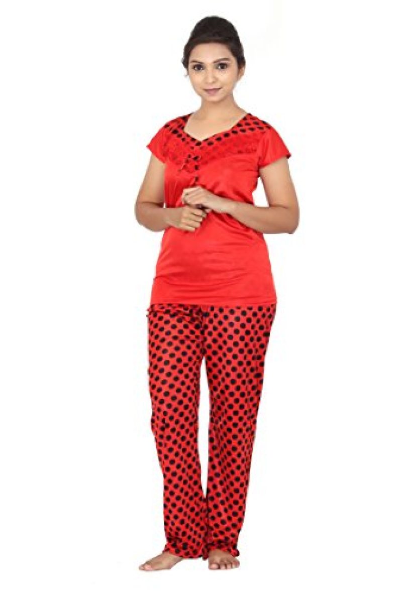 Fabme Women’S Polka Dots Satin Night Suit (Top & Pyjama) (Red) (Size – Medium || Bust – 36″)