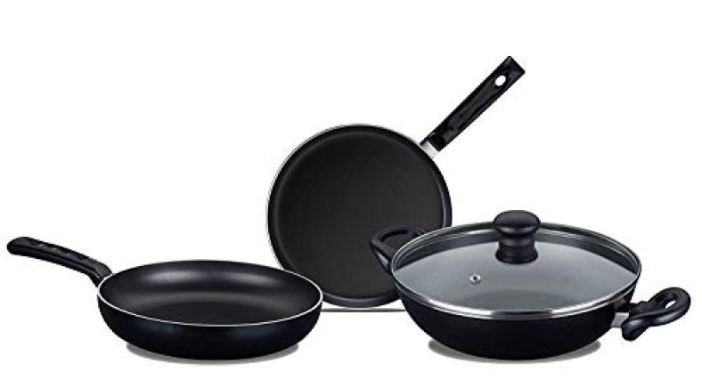 Nirlep By Bajaj Electricals Sakhi Induction-Base Non-Stick Cookware Set With Lid ( 3-Piece, Black), Aluminium