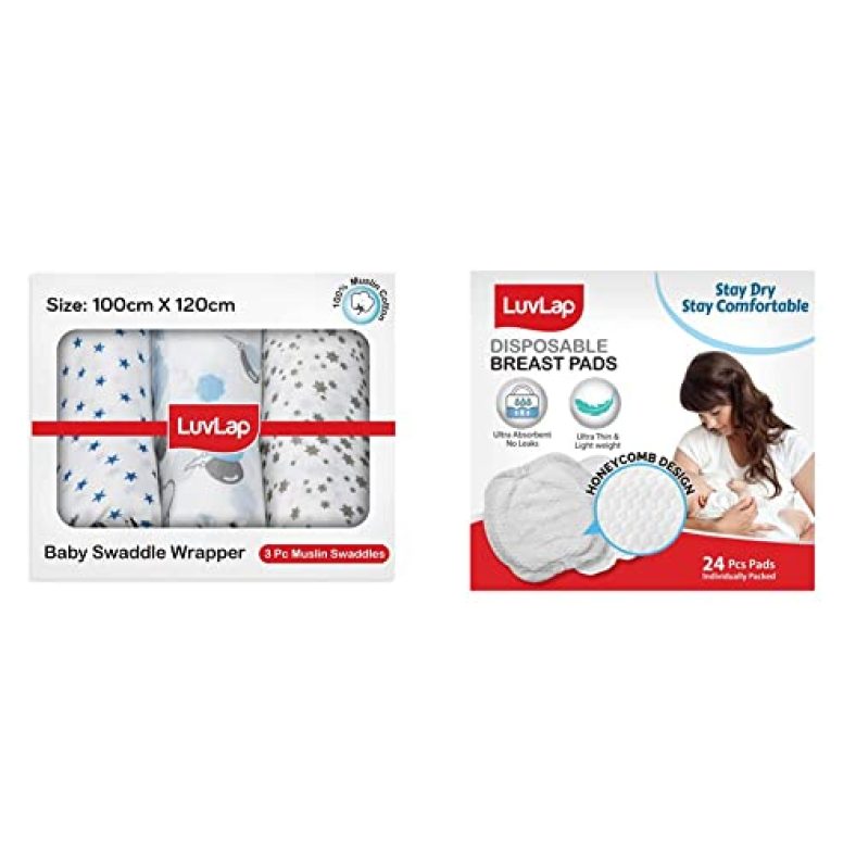 Luvlap Muslin Swaddle Stars White & Luvlap Ultra Thin Disposable Breast Pads, Super Absorbent, Discreet Fit, Pack Of 24 (White)