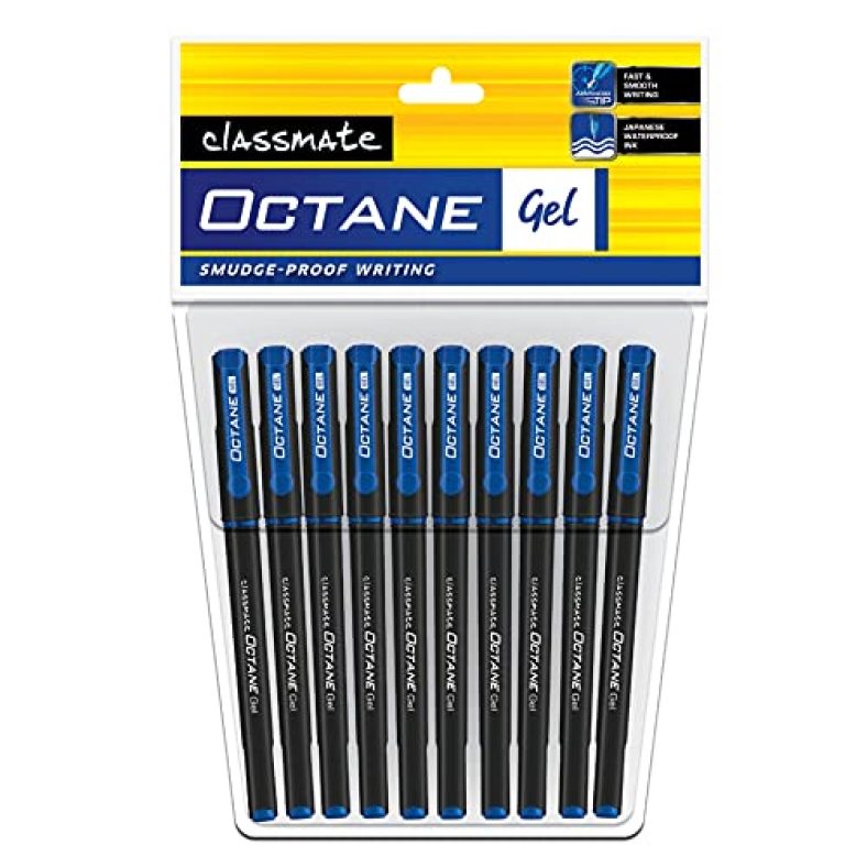 Classmate Octane- Blue Gel Pens (Pack Of 10)|Smooth Writing Pens|Water-Proof Ink For Smudge-Free Writing|Preferred By Students For Exam & Class Notes|Study At Home Essentials