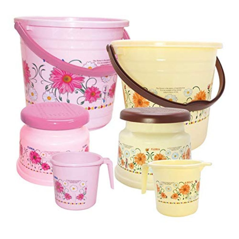 Wonder Plastic Prime Super Bucket & Mug With Patra Combo Set, Floral Print, 2 Bucket 18 Ltr & 2 Mug 1000 Ml With 2 Patra, Pink & Yellow Color, Made In India, Mrv00345