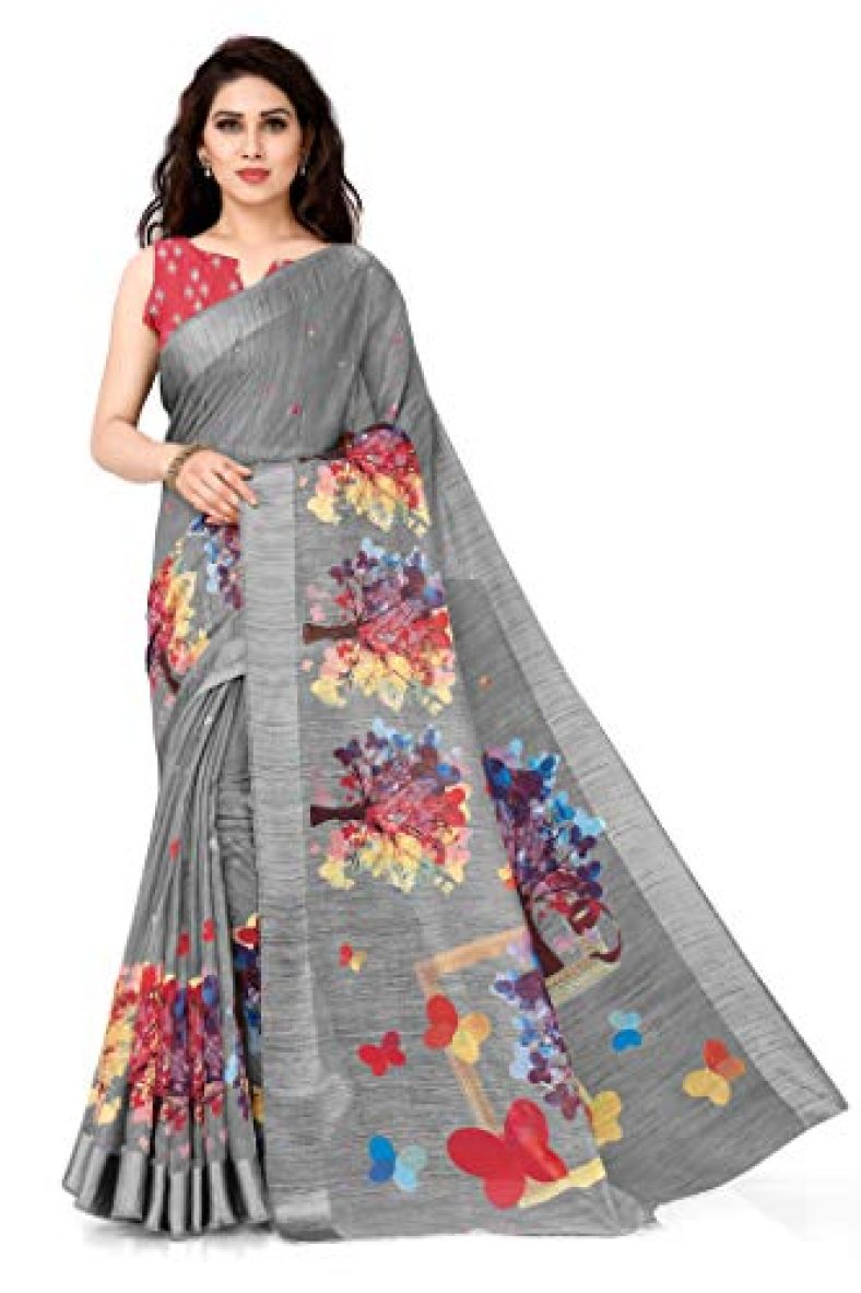Sourbh Women’S Plain Weave Cotton Blend Self Design Printed Saree With Blouse Piece (12665-Grey)