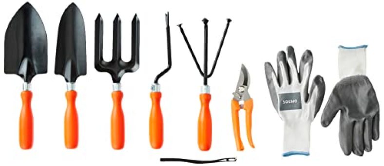 Amazon Brand – Solimo Gardening Tool Set – Small Trowel, Cultivator, Weeder, Fork, Big Trowel, Pruner & Gloves (Set Of 7)