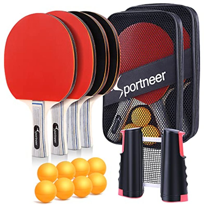 Table Tennis Set Sportneer 4 Rackets And 8 Balls And 1Net Red And Black Double-Sided Table Tennis Set With A Storage Bag Suitable For Children Adult Indoor Outdoor Games School Exercise Best Gift For Boys And Girls