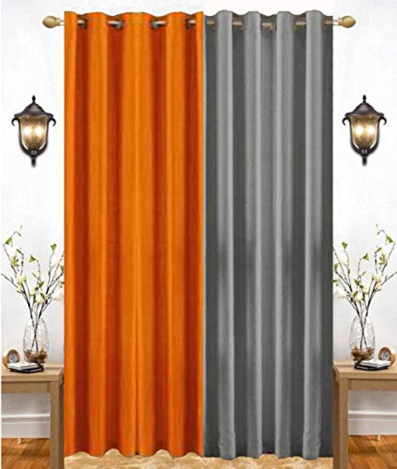 India Furnish Eyelet Fancy Polyester Grey & Orange Colour Window Length Curtain – Pack Of 2 Pcs (60″X48″)