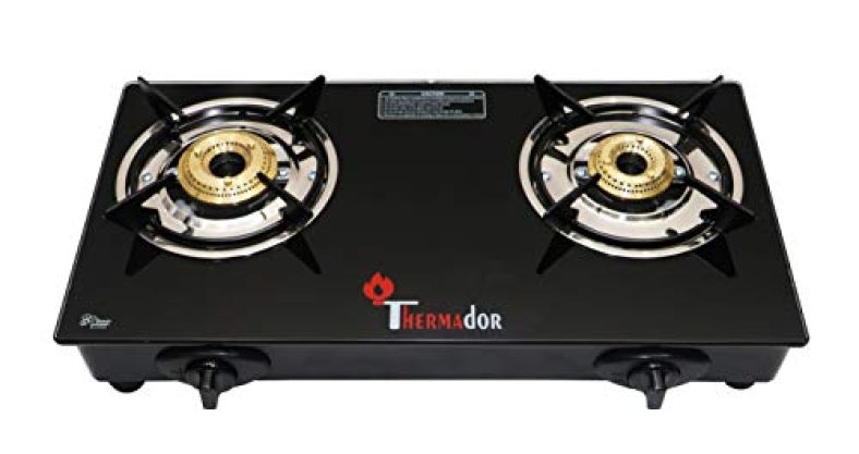 Thermador Toughened Isi Certified 2 Brass Burner Glass Top Gas Stove (Lpg Use Only, Auto Ignition, Black)