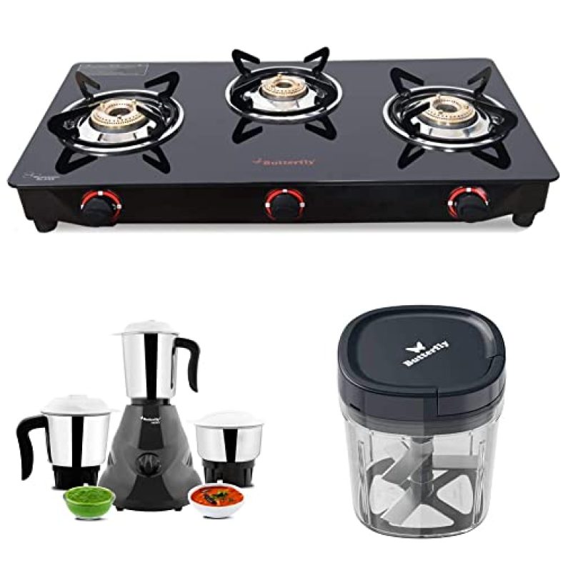 Butterfly Glass Top Gas Stove (3 Burner)+ 3 Ltr Pressure Cooker (Outer Lid)+ Ss Idli Maker (4 Plates)+ 500W Mixer Grinder (3 Ss Jars)+ Hand Chopper (900 Ml)+ Ss Hot And Cold Flask (0.5 L)