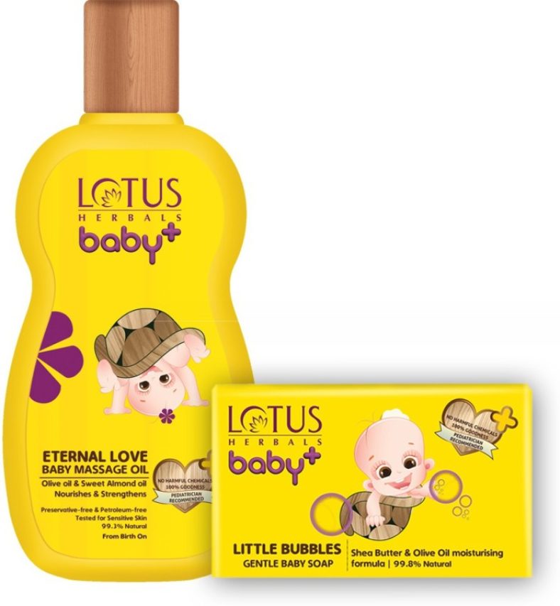 Lotus Herbals Baby+ Eternal Love Massage Oil 200 Ml & Little Bubbles Gentle Bathing Soap 75 Gms(Multicolor)