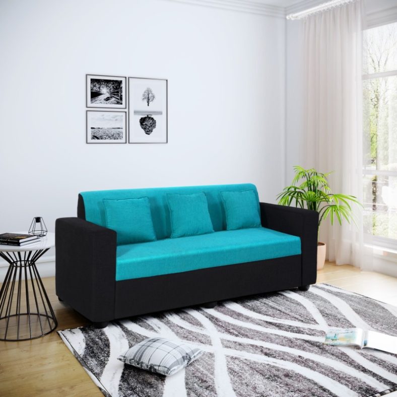 Bharat Lifestyle Desy Fabric 3 Seater  Sofa(Finish Color – Aqua Blue & Black, Diy(Do-It-Yourself))