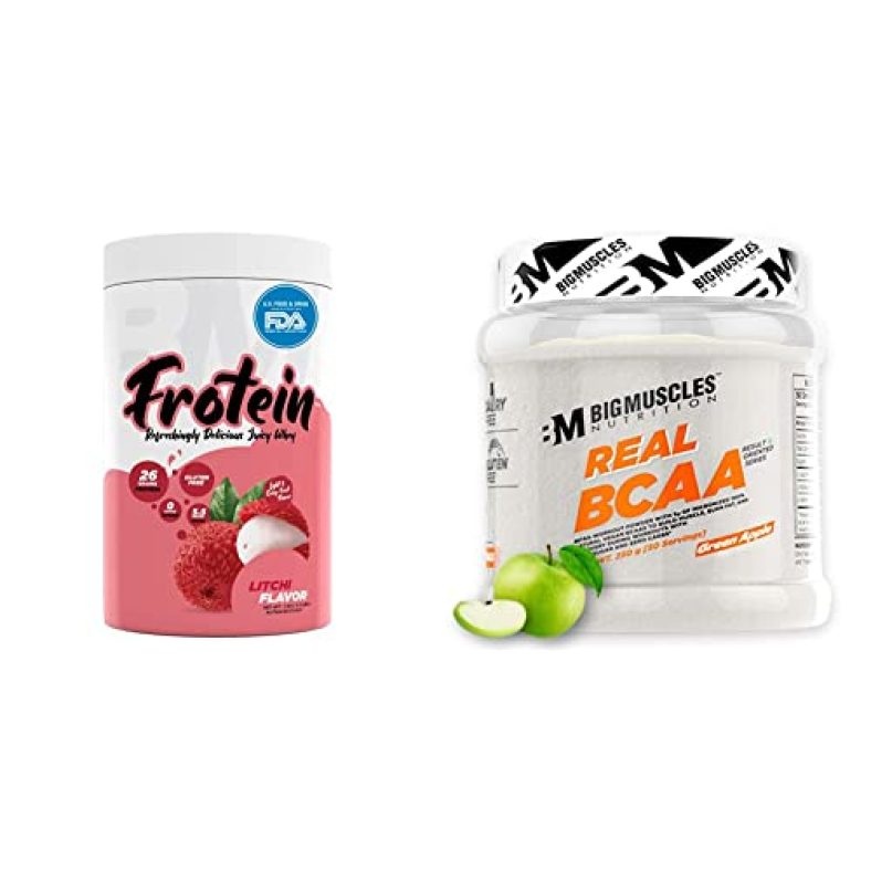 Bigmuscles Nutrition Frotein 26G Refreshing Litchi Flavored Hydrolysed Whey Light And Crisp Like Juice (30 Servings, 1 Kg) & Real Bcaa [50 Servings, Green Apple] -100% Micronized Vegan