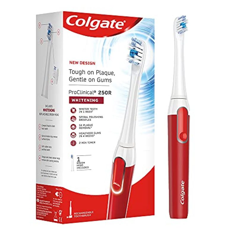 Colgate Proclinical 250R Whitening Rechargeable Sonic Toothbrush, Electric Toothbrush With Soft & Spiral Bristles, Healthier Gums In 4 Weeks (With Replaceable Brush Head, Charger Included)
