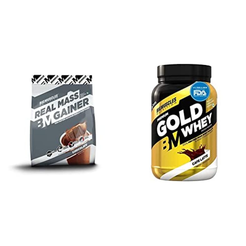 Bigmuscles Nutrition Real Mass Gainer [5 Kg, Chocolate] & Bigmuscles Nutrition Premium Gold Whey 1Kg