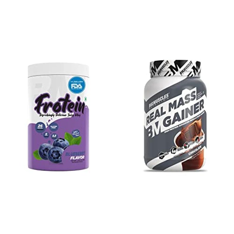 Bigmuscles Nutrition Frotein 26G Refreshing Blueberry Flavored Hydrolysed Whey Protein Isolate (30 Servings, 1 Kg)Light And Crisp Like Juice & Bigmuscles Nutrition Real Mass Gainer [1Kg, Chocolate]