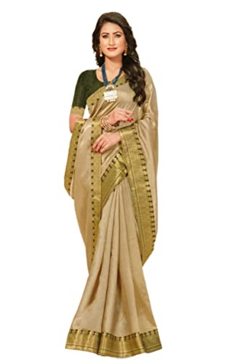A K Good Women’S Banarasi Chiffon Printed Silk Saree With Blouse Piece (Cream)