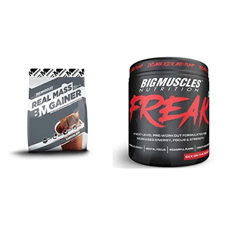 Bigmuscles Nutrition Real Mass Gainer [5 Kg, Chocolate] & Freak Pre-Workout Sex On The Beach [30 Servings, Pack Of 180G Powder