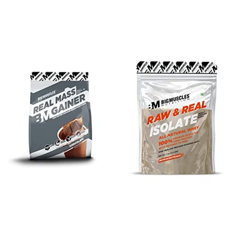 Bigmuscles Nutrition Real Mass Gainer [5 Kg, Chocolate] & Raw & Real Isolate Organic Whey Protein [1Kg]