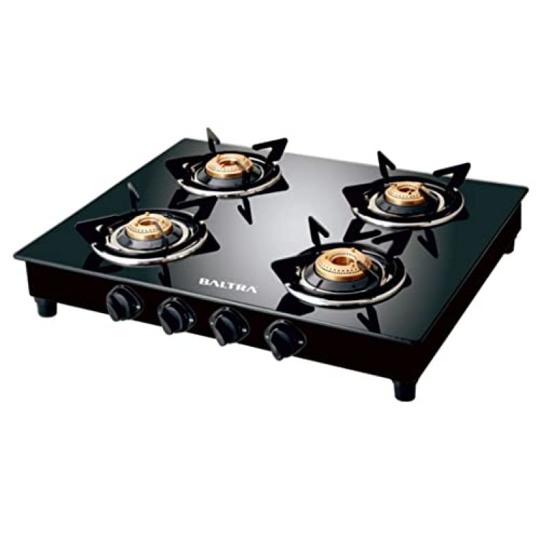 Baltra Glimmer Glass Top Gas Stove 4 Brass Burner Manual Ignition, Black (Isi Certified 2 Year Warranty With Doorstep Service)