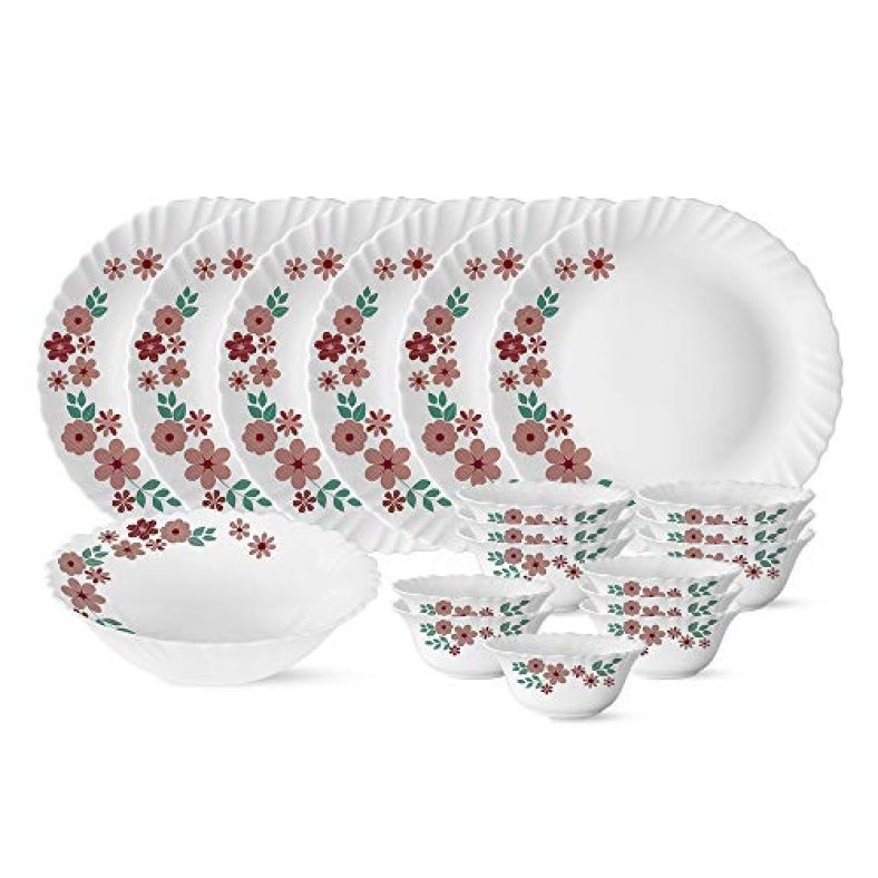 Larah By Borosil Ayana Silk Series Opalware Dinner Set, 19 Pieces, White