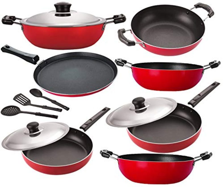 Nirlon Non Stick Aluminium Pfoa Free Non-Toxic Durable Kitchenware Set Of10 Pieces (2.6Mm_Dkd(J)_Fp12_Fp13_Kd11_Kd12_Kd13_Ft12_3Spoon)