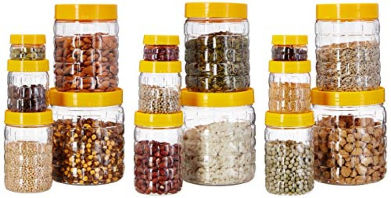 Amazon Brand – Solimo Plastic Storage Container Set With Wide Mouth (15 Pieces, Checkered Pattern, Large Size)