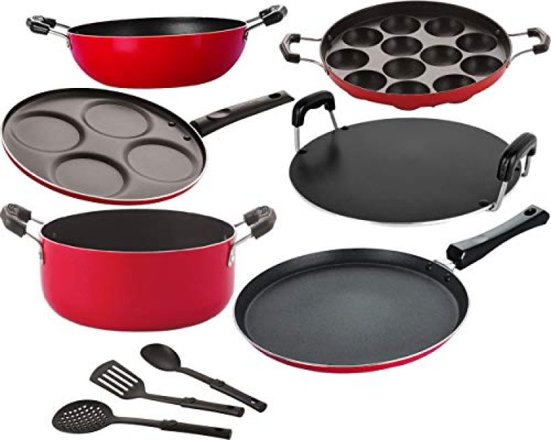 Nirlon Non-Stick Aluminium Cookware Set, Dishwasher Safe -9 Pieces [26_Ft13_Kd12_Ap_Rt_Cass20_Up4_3Spn]