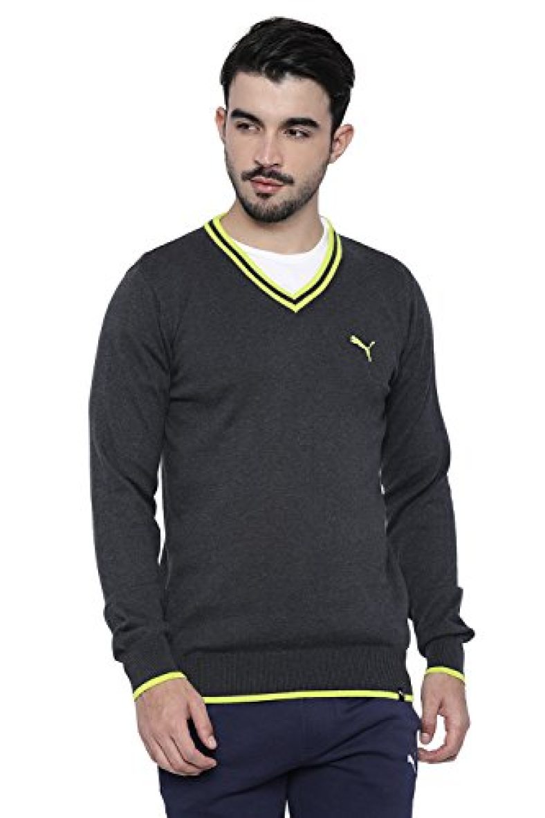 Puma Men’S Casual Cotton Sweater (83986505_Dark Gray Heather-Limepunch_X-Large)