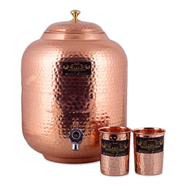 Crockery Wala And Company Jointless Pure Copper Water Dispenser/Matka 16 L And 2 Glasses