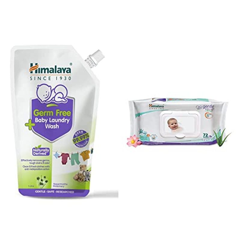 Himalaya Germ Free Baby Laundry Wash 1 L Pouch, White, (7004801) & Himalaya Gentle Baby Wipes, 72 Wipes,White