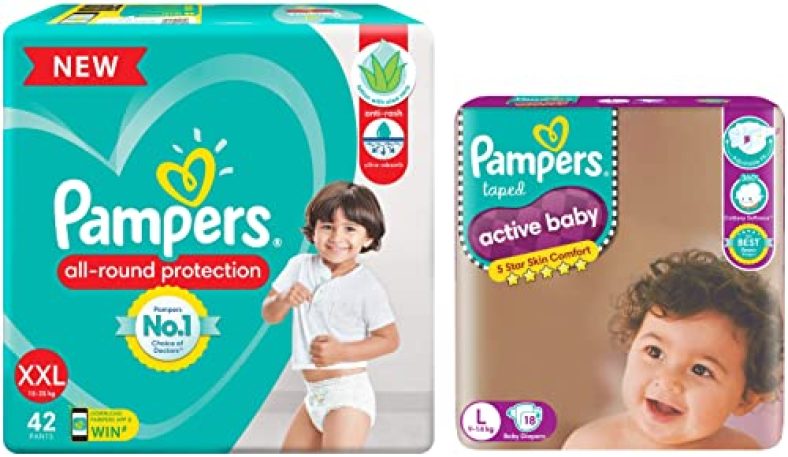 Pampers All Round Protection Pants Baby Diapers (Xxl) 42 Count & Active Baby Taped Diapers, Large Size Diapers, (L) 18 Count