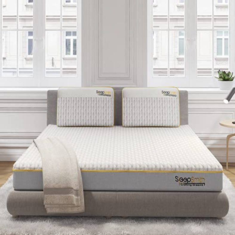 Sleepsmith Premium Mattress | 3 Zoned Orthopedic Memory Foam Mattress | Graphite Infused Cloud Foam| Active Cooling White Mattress | With 2 Pillow Combo Set | Single Size Bed | Pack Of 2 | 78X35X8 Inches