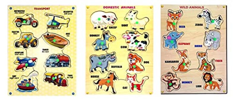 Crackles Wooden Knobs Pegged Puzzles Learn Farm Animals, Wild Animals And Vehicles- Combo Pack Of 3
